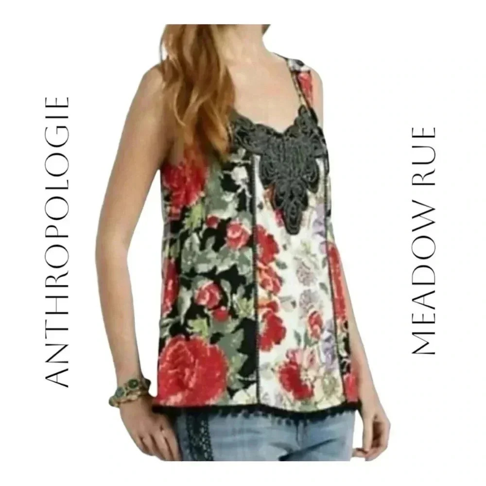 1823. ANTHROPOLOGIE MEADOW RUE SLEEVELESS EMBROIDERED TOP WITH TASSELS AT BOTTOM